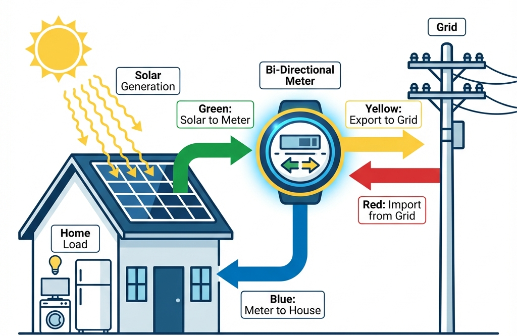 Net Metering Process Diagram: Solar Panels -> Inverter -> Bi-Directional Meter -> Grid/Home