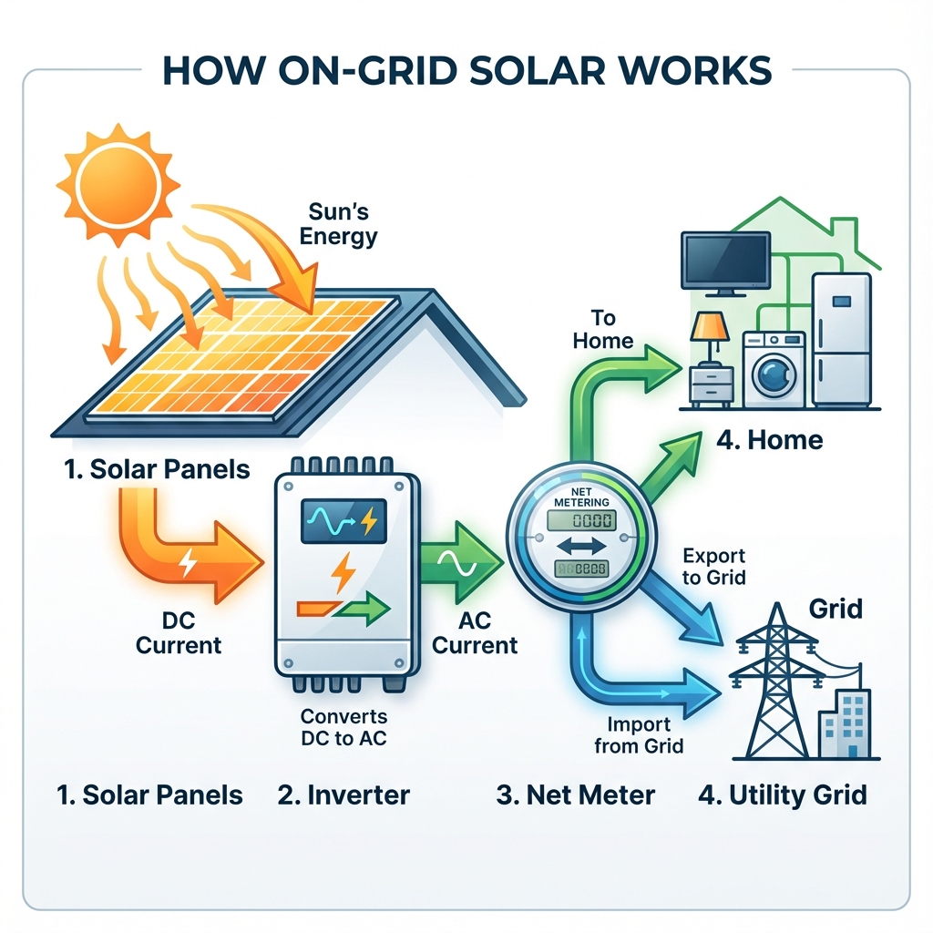 How On-Grid Solar System Works - Solar Panel to Inverter to Net Meter to Home Grid Connection Diagram